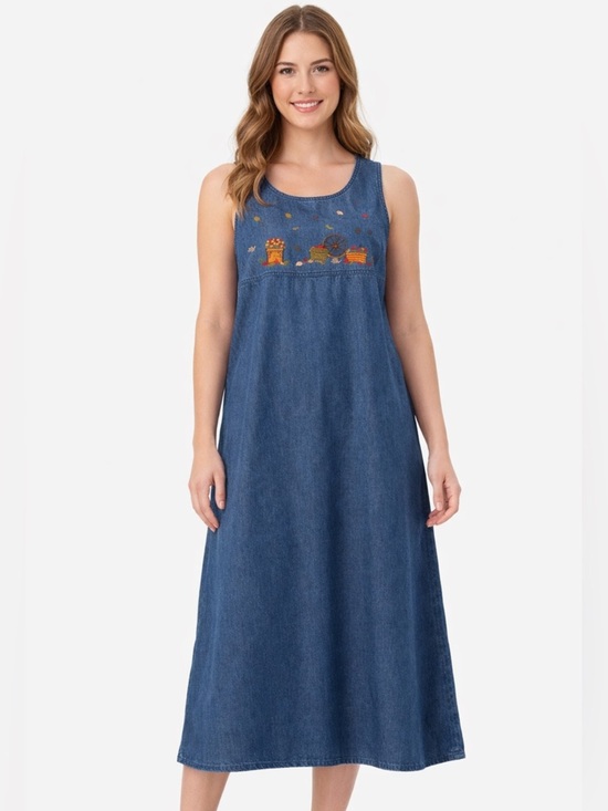 Bobbie Brooks Dresses & Skirts - Bobbie Brooks Denim Jumper Dress Embroidered Fall Leaves L Cottagecore Vitg 90s